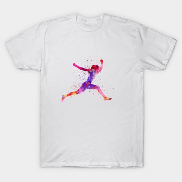 Woman runner running jumping shouting T-Shirt by PaulrommerArt